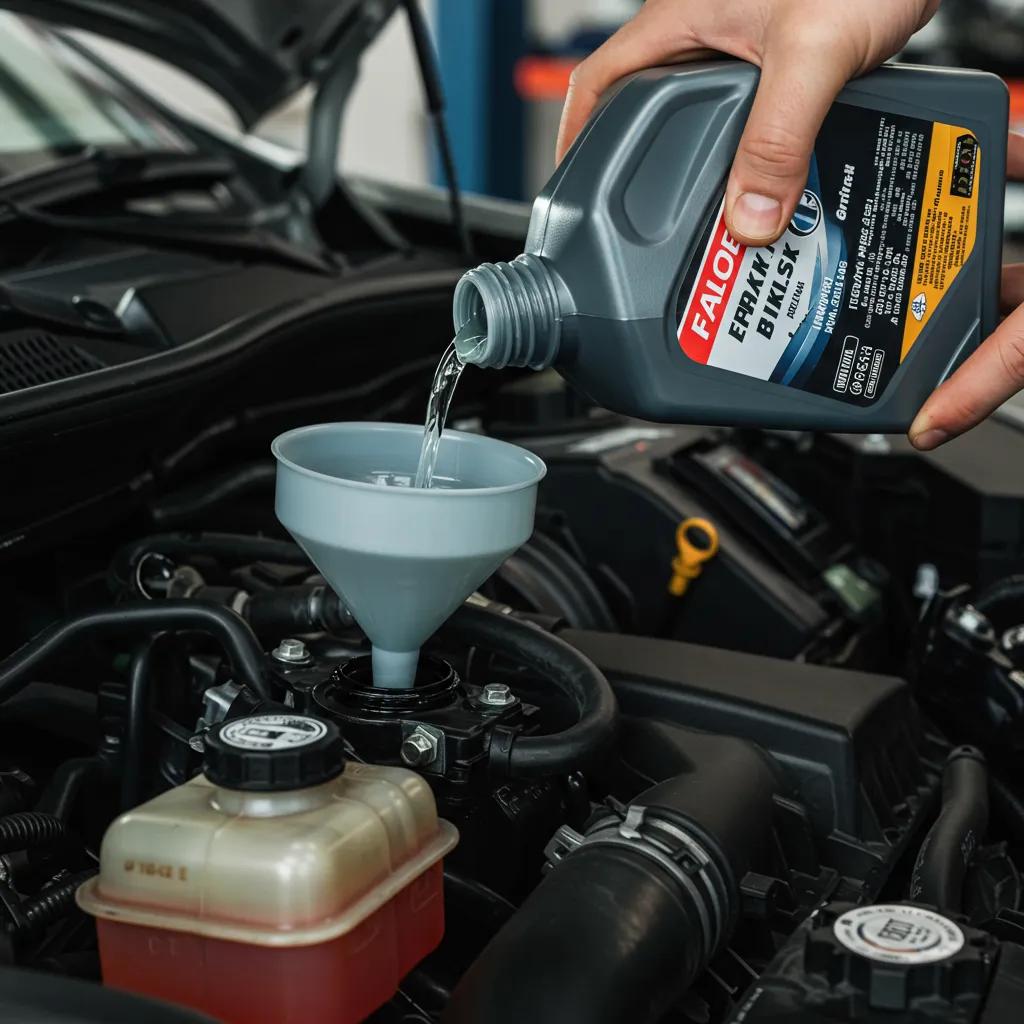 A mechanic demonstrating the correct procedure for topping up brake fluid in a car's reservoir, highlighting cleanliness and precision.