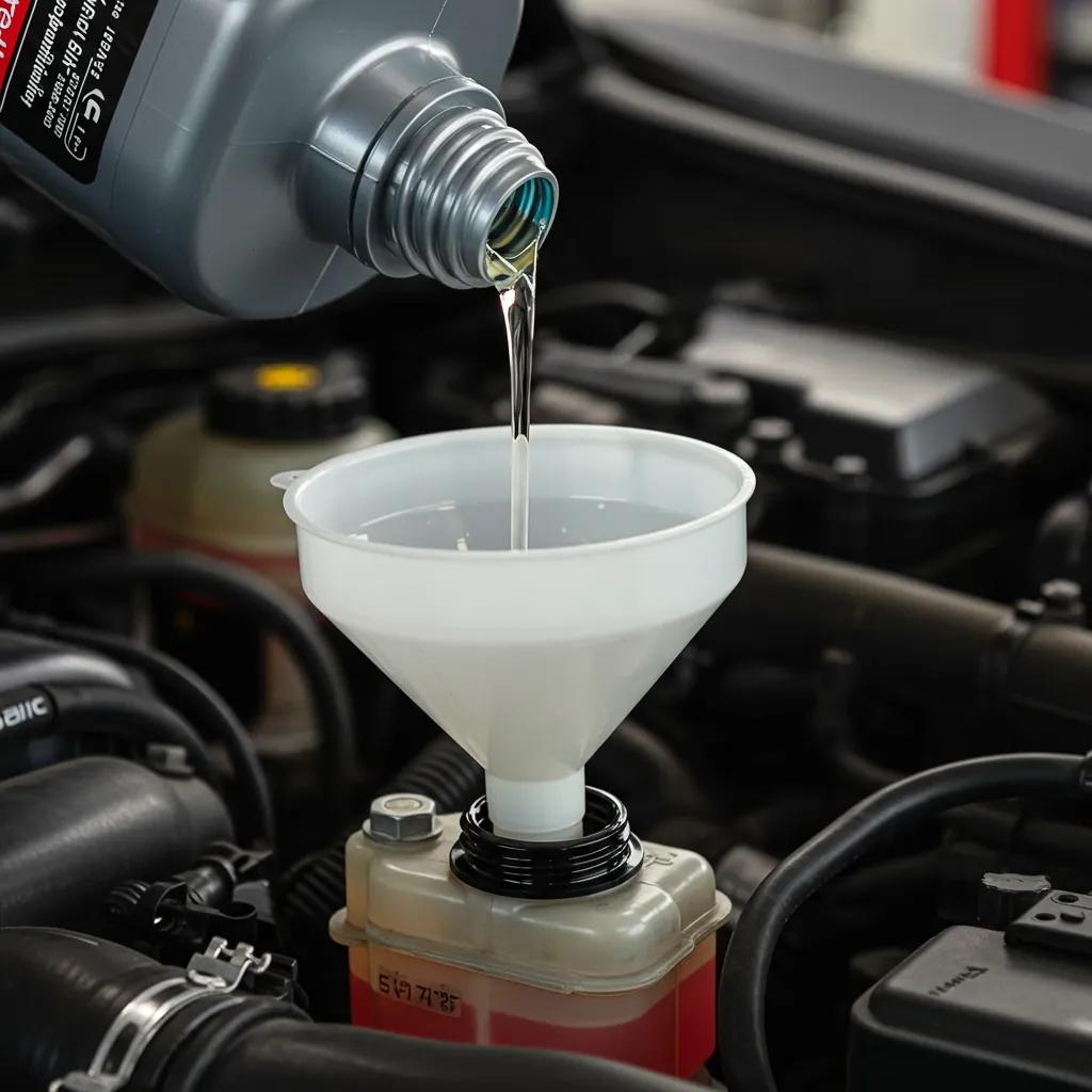 A person adding power steering fluid to a car using a funnel