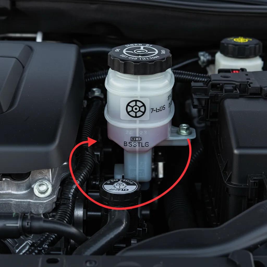 The power steering fluid reservoir located in a car's engine bay