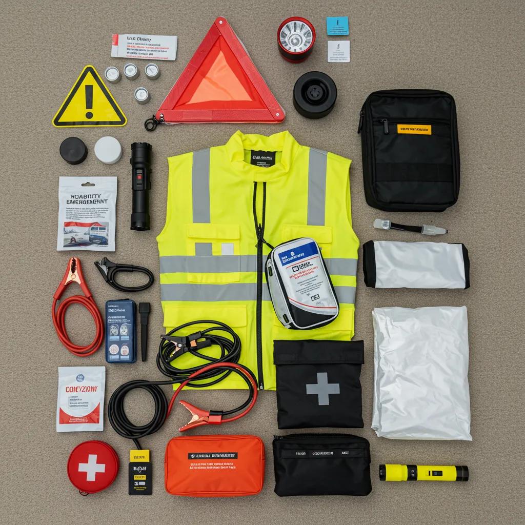 A well-stocked roadside emergency kit containing essential items for vehicle breakdowns