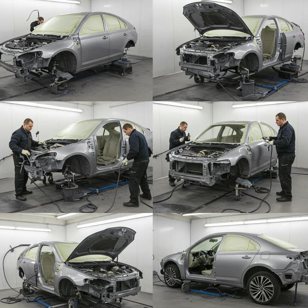 Stages of a full car repaint process showing technicians performing bodywork and paint application