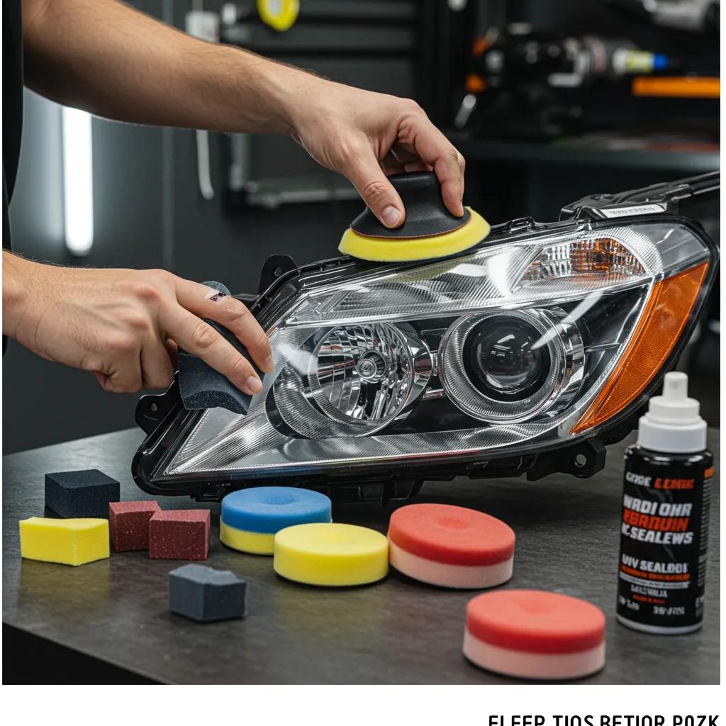 A visual guide demonstrating the step-by-step process of headlight restoration, complete with necessary tools and materials