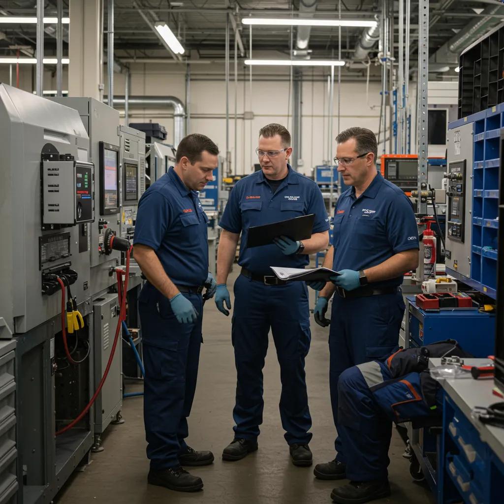 Team of certified technicians collaborating on maintenance tasks in a commercial setting