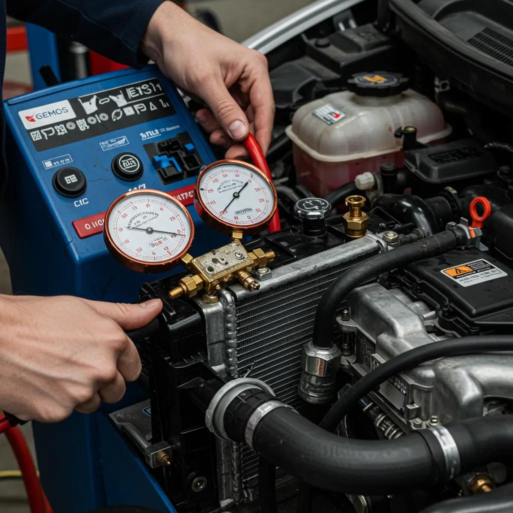 Skilled technician performing a coolant pressure test on a car radiator to pinpoint leaks, emphasizing automotive maintenance