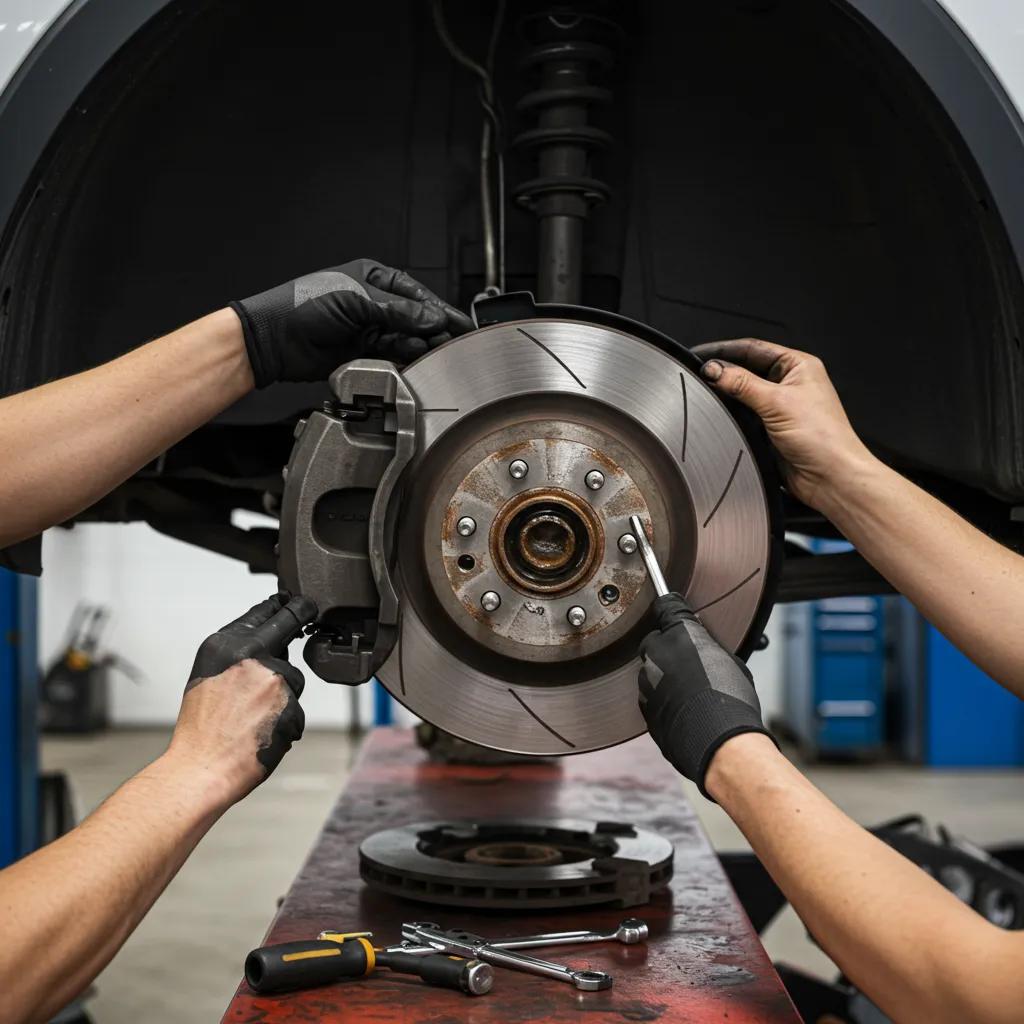 Technician performing brake rotor replacement in an auto repair shop