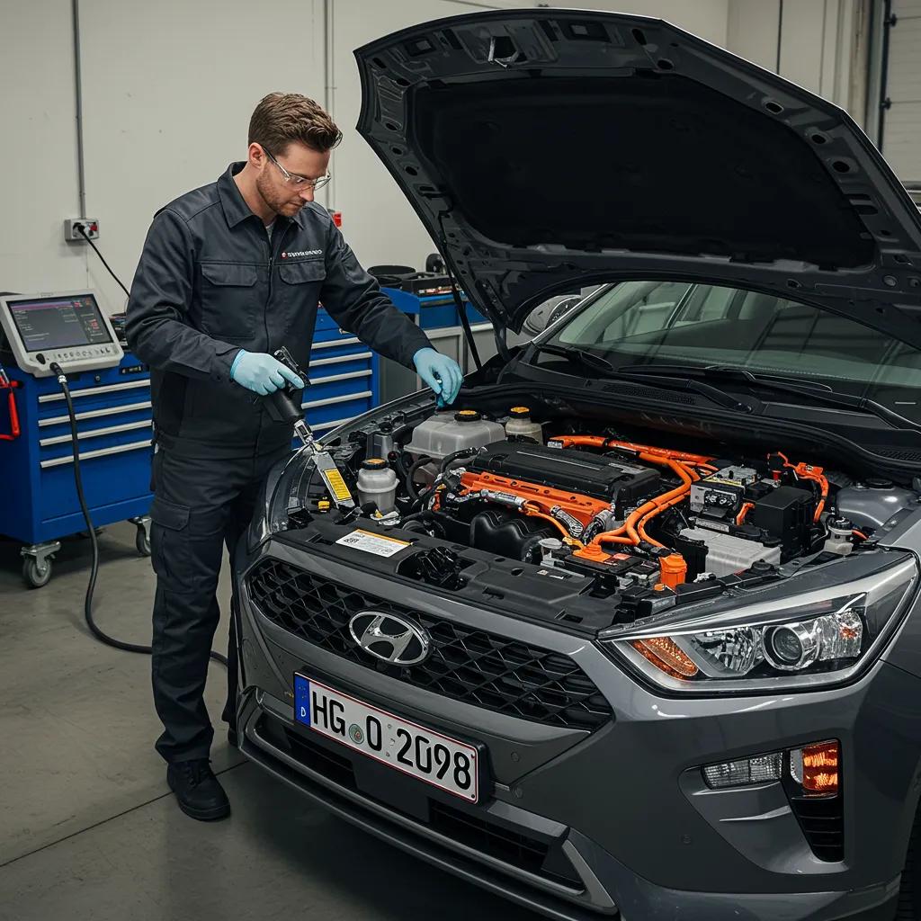 Technician performing maintenance on a Hyundai electric vehicle showcasing battery and electric systems