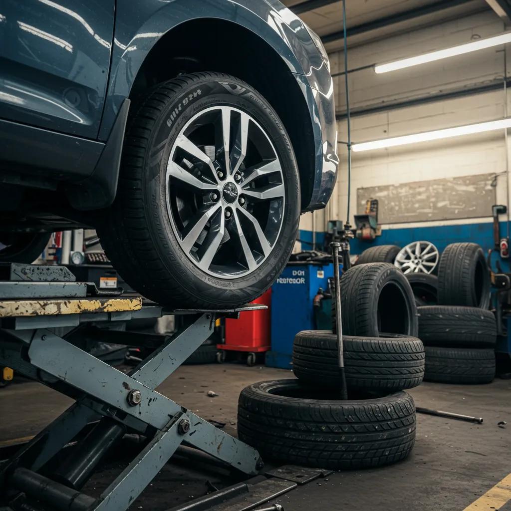 Technician performing tire rotation on a vehicle in an auto service center