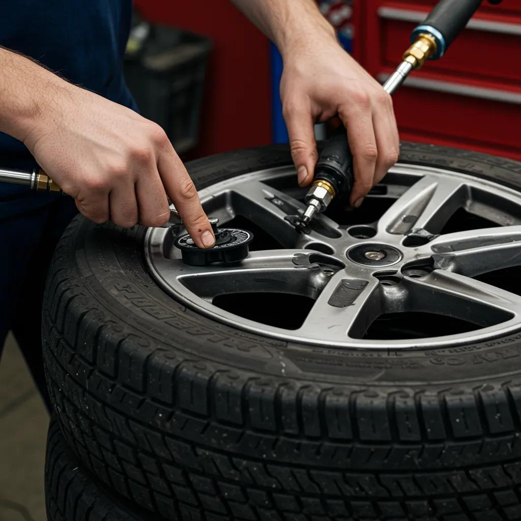 Technician repairing a tire using a patch kit in a professional auto shop