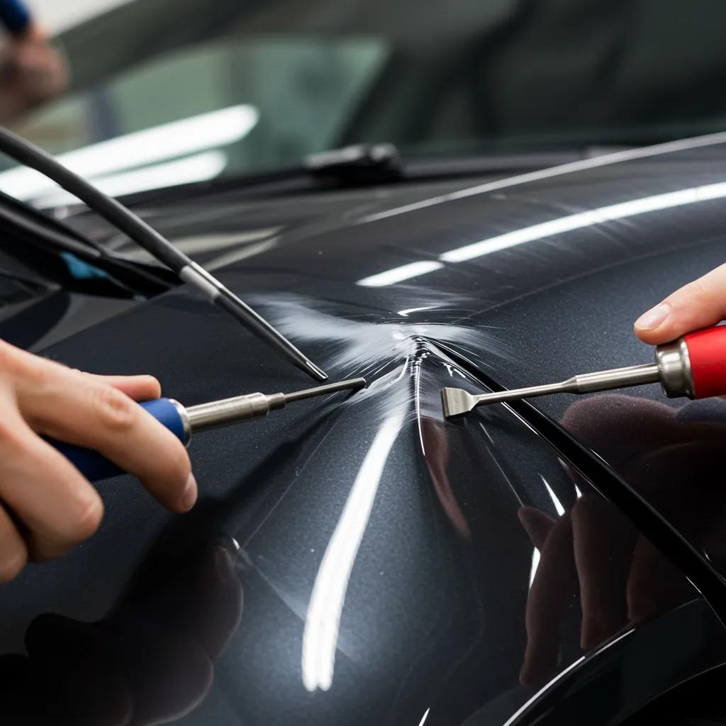 Technician meticulously using specialised tools for paintless dent removal on a car's body panel
