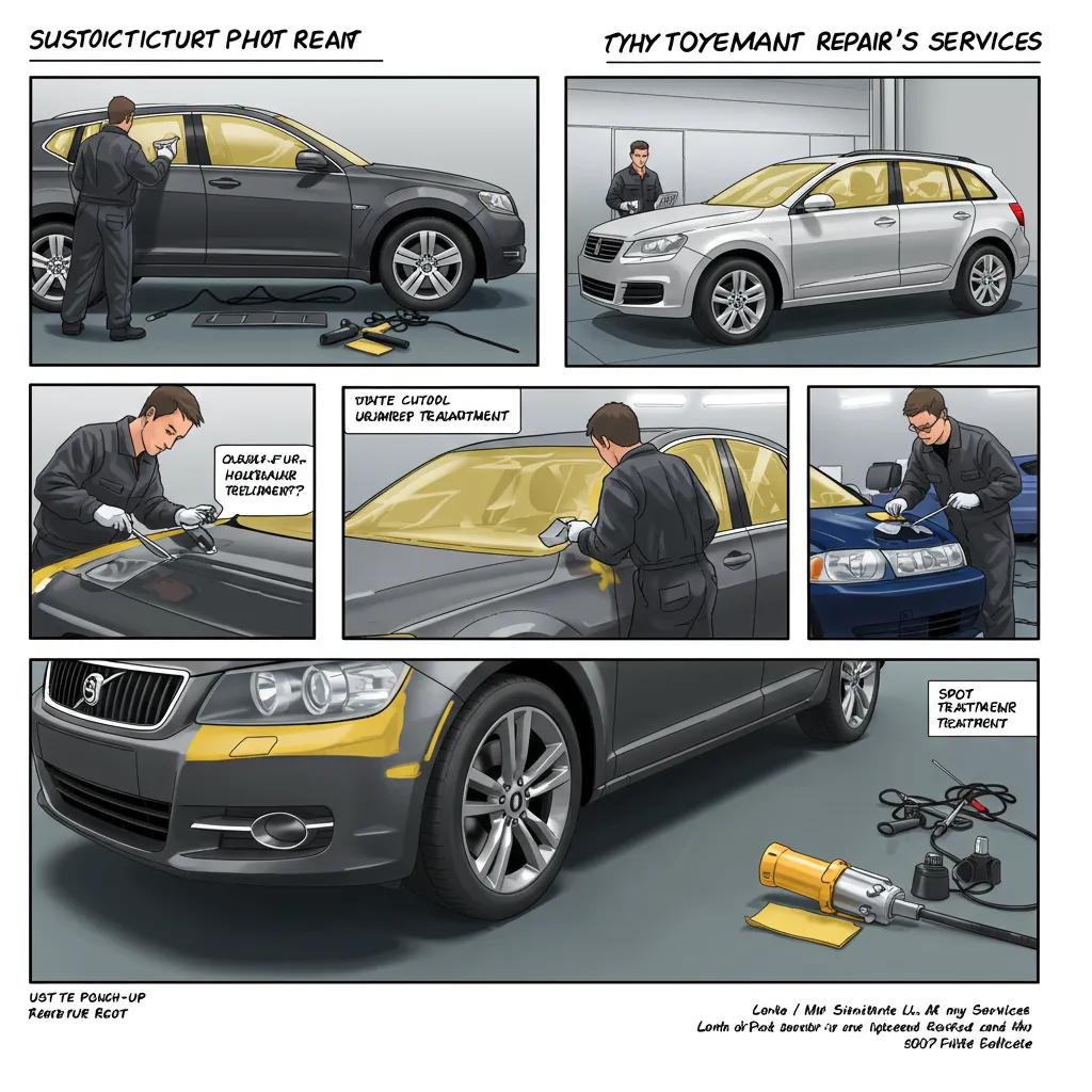 Technicians performing various affordable car paint repair services including touch-ups and rust treatment
