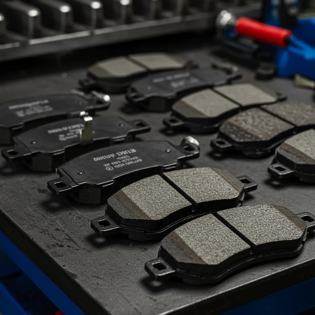 Variety of brake pads displayed on a workbench, illustrating different materials and their characteristics