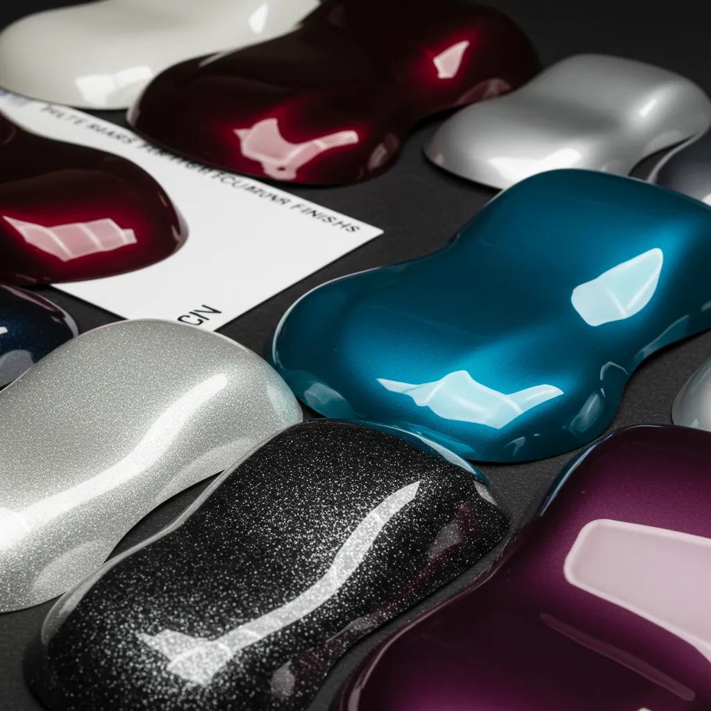 Variety of custom car paint finishes including matte, pearlescent, and metallic options displayed artistically