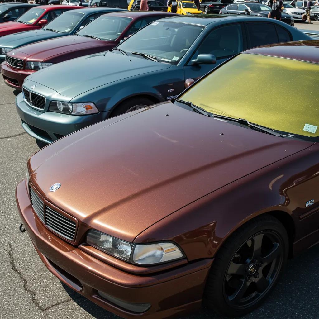 Variety of custom car paint options displayed on different vehicles showcasing unique finishes