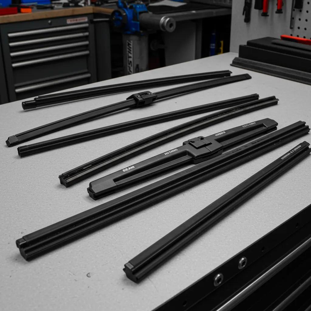 A diverse selection of windshield wiper blades, including beam, hybrid, and traditional styles, representing various automotive maintenance choices