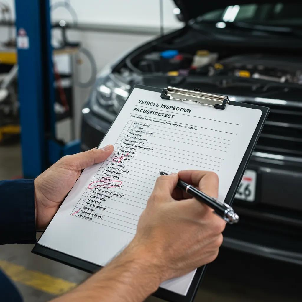 Detailed vehicle inspection checklist being marked by a mechanic, highlighting our thorough inspection process