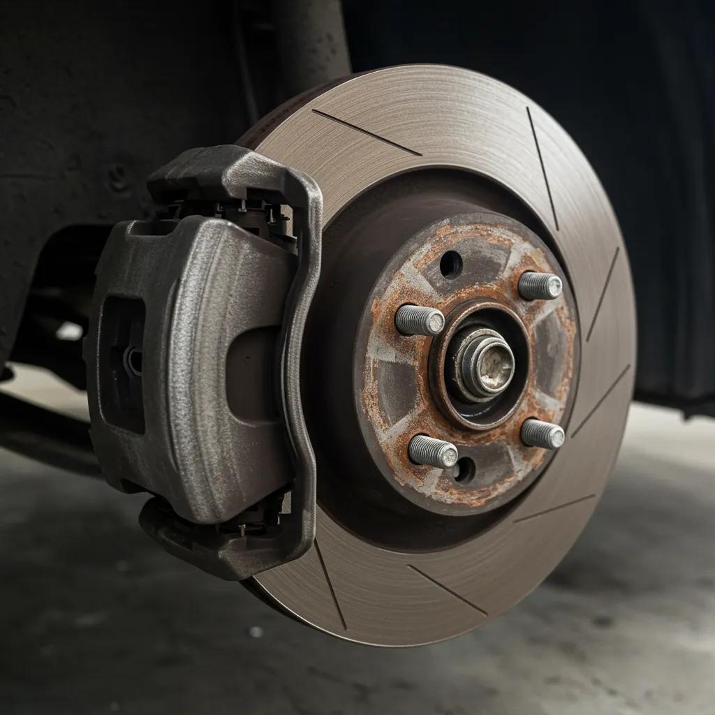 Warped brake disc and caliper, illustrating how braking faults contribute to steering wheel vibration