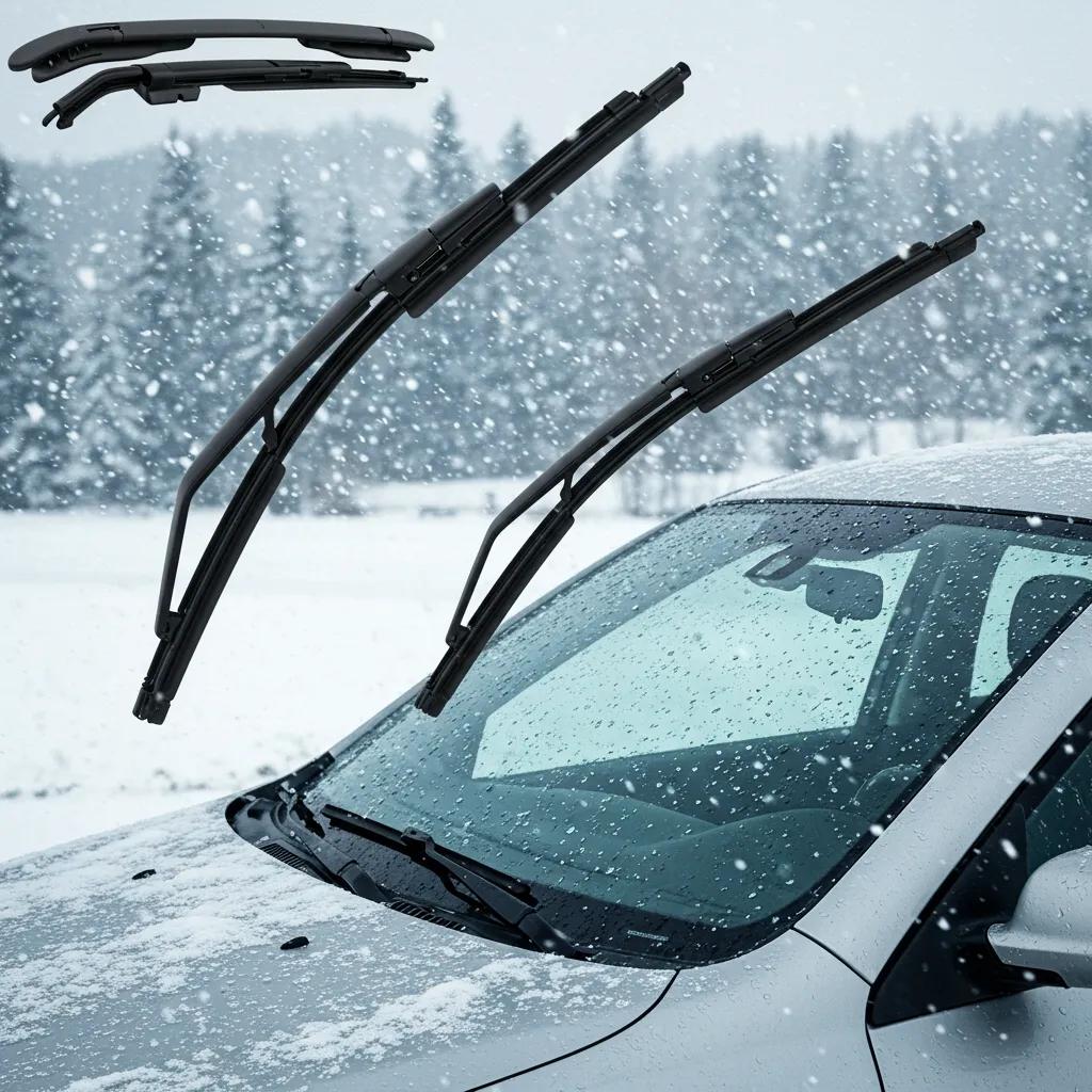 Winter windshield wipers on a car in a snowy environment, emphasizing their functionality and design
