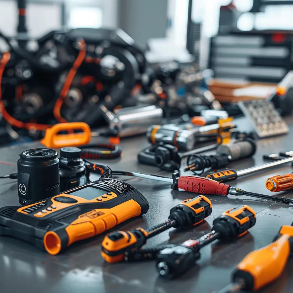 Essential engine diagnostic tools including OBD-II scanner and compression tester on a workbench