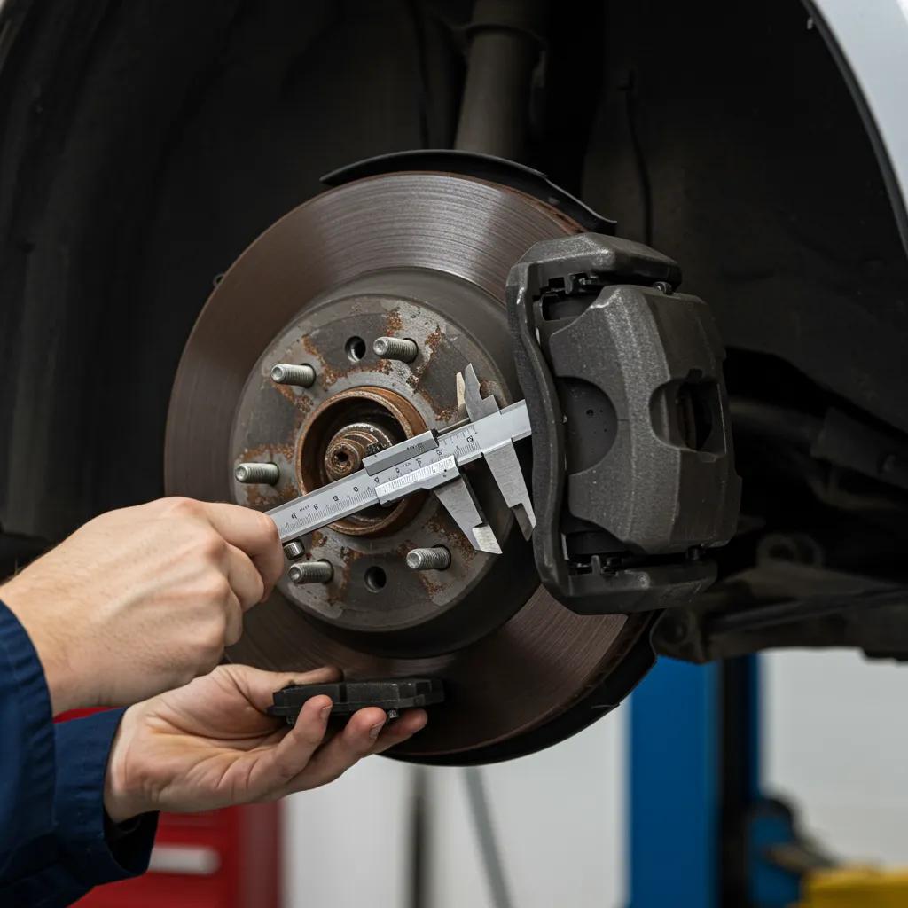 Mechanic inspecting brake pads with a caliper tool in a well-lit automotive workshop