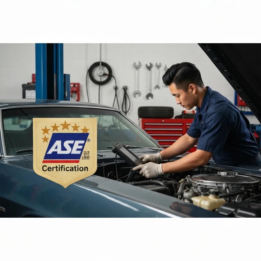 ASE certification badge with technician working on a car, emphasizing key qualities of top auto shops