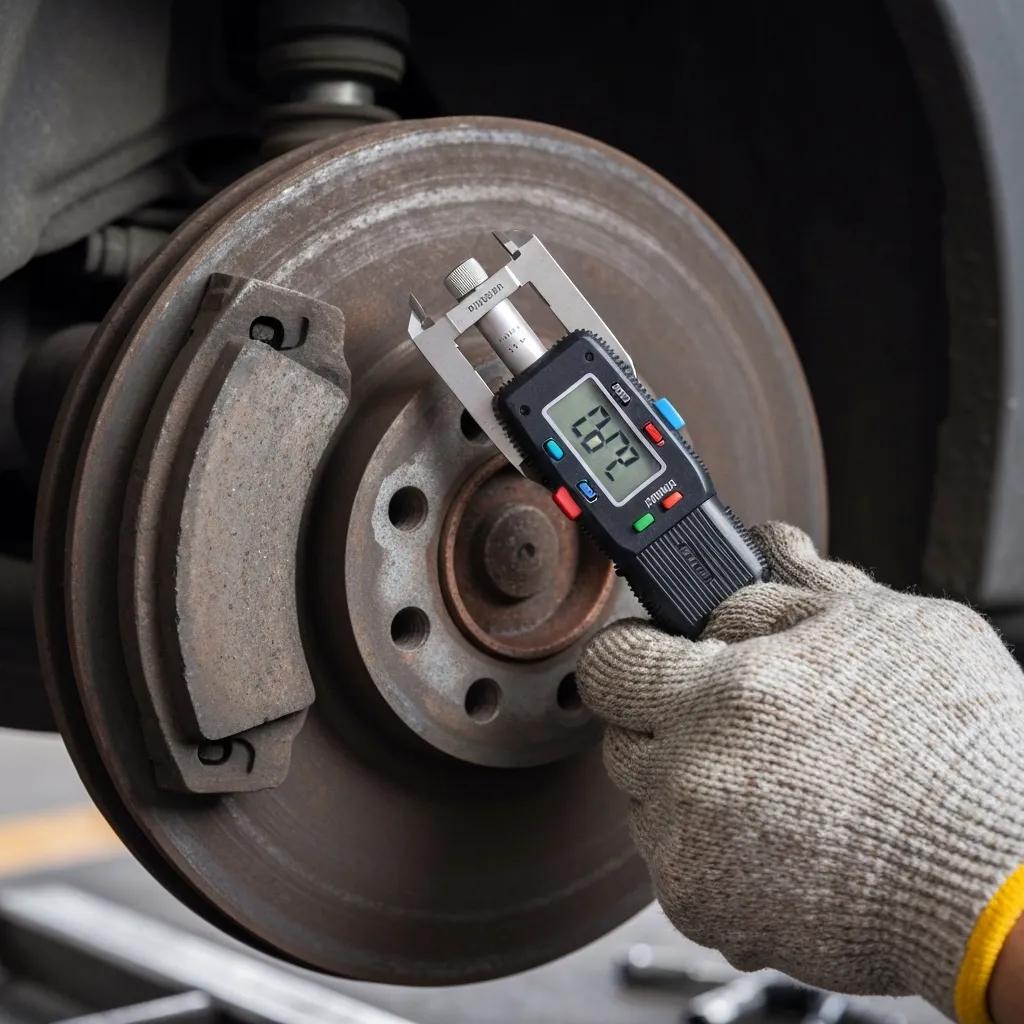 Close-up of worn brake pad with a mechanic's hand measuring, highlighting signs of brake issues