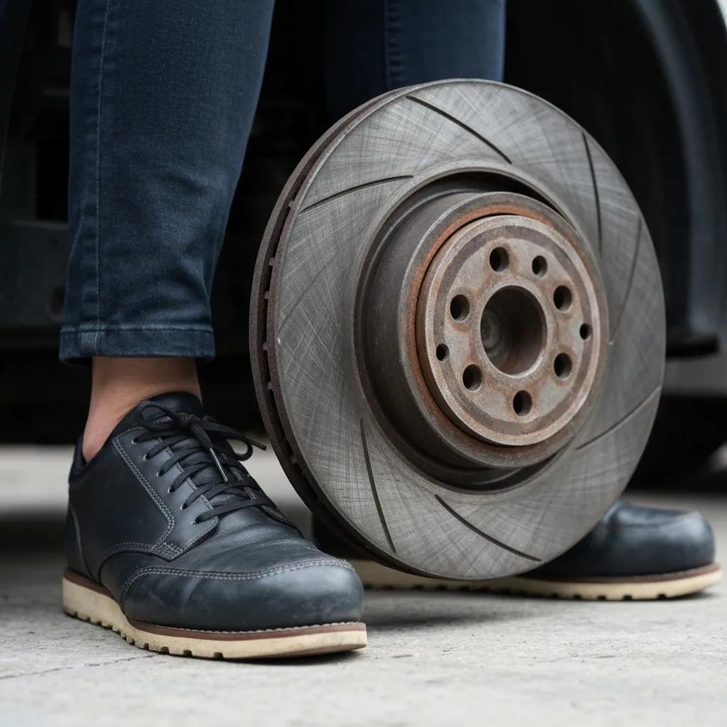 Close-up of worn brake pads and rotors, illustrating signs that indicate the need for brake repair
