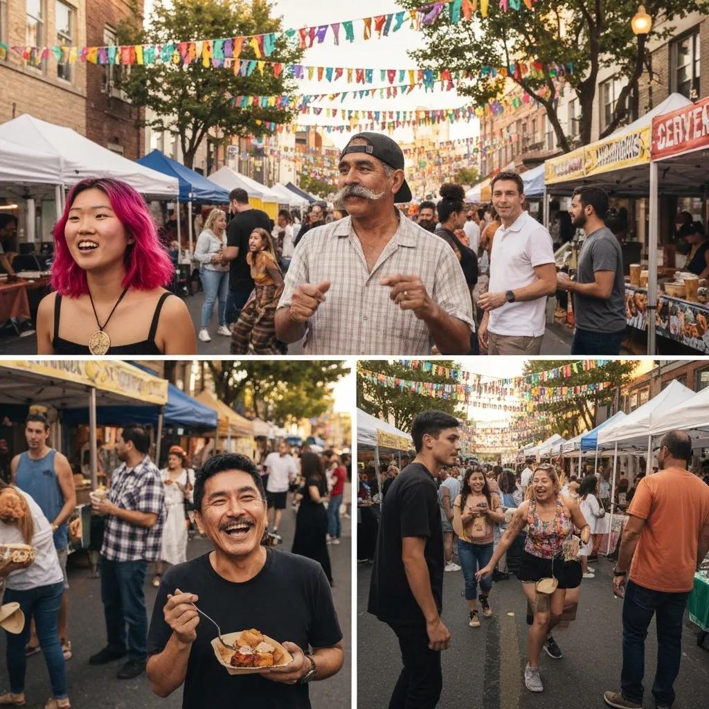 Festive street festival scene showcasing community engagement and cultural diversity