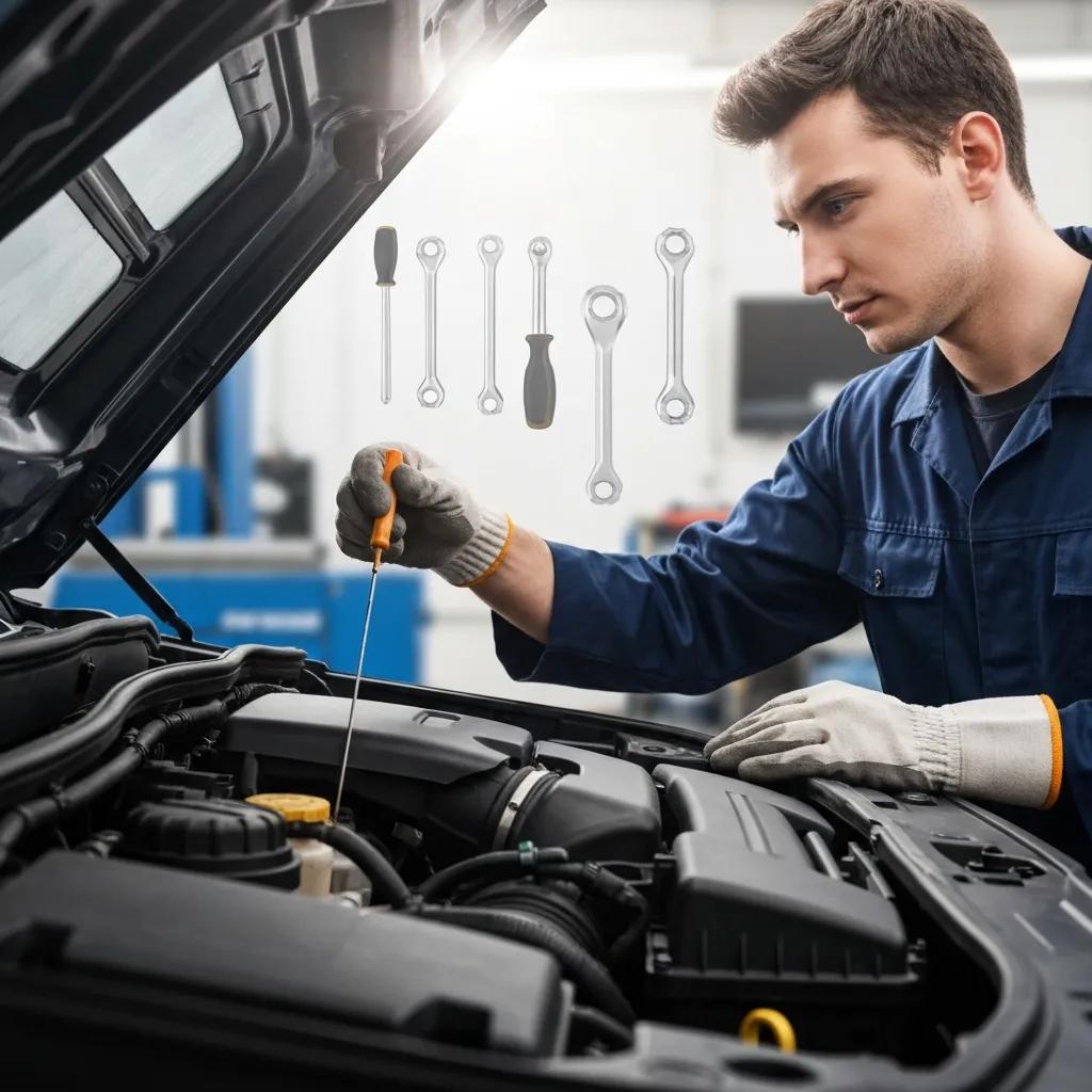 Mechanic checking oil level in a car engine during routine maintenance