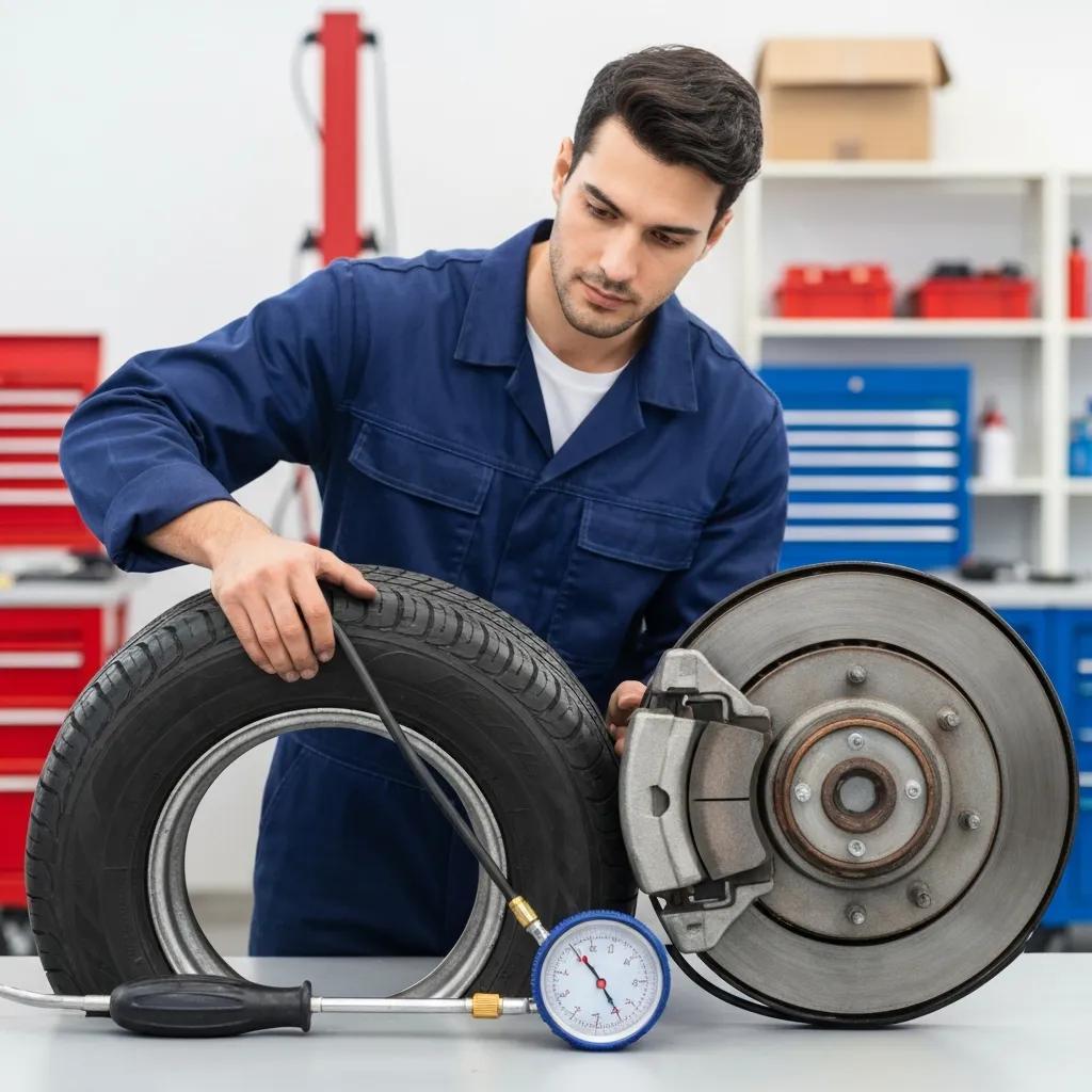 Mechanic inspecting a tire and brake components in a workshop