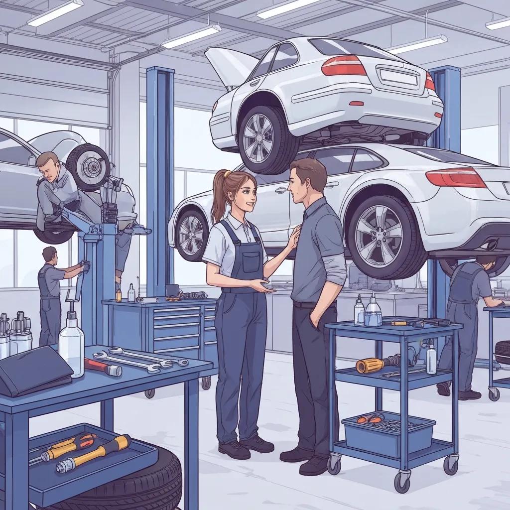 Mechanic providing various auto repair services to a customer in a service center