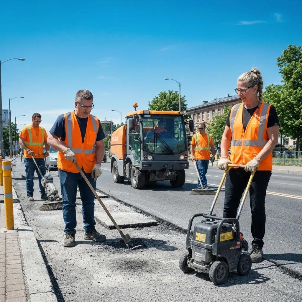 Municipal workers maintaining streets through cleaning and repair services