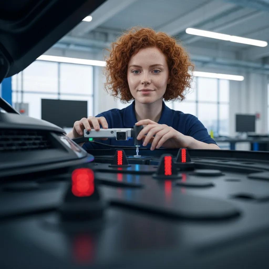 Technician calibrating ADAS sensors on a vehicle in a modern workshop