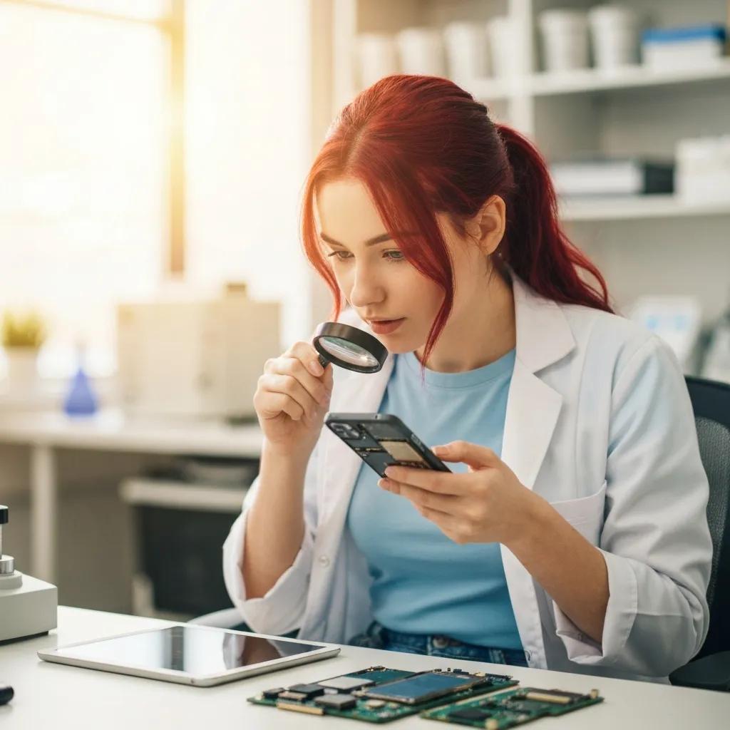 Technician diagnosing a smartphone in a repair center