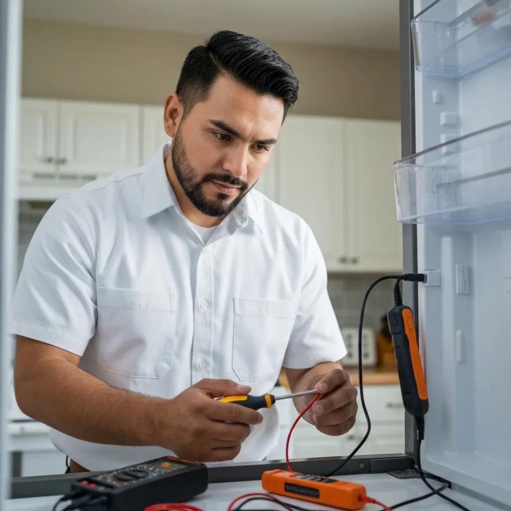 Technician inspecting a refrigerator for repair in a home setting