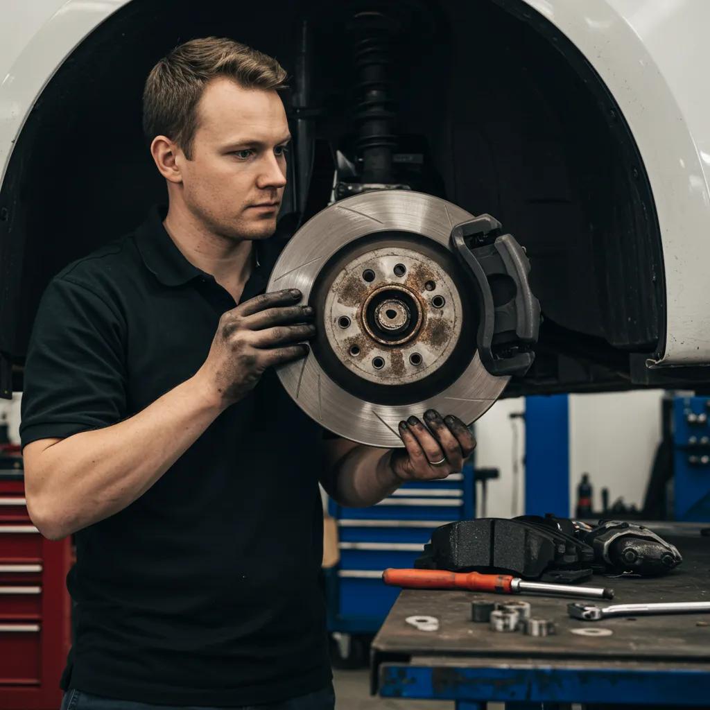 Technician inspecting brake components in a professional auto repair garage