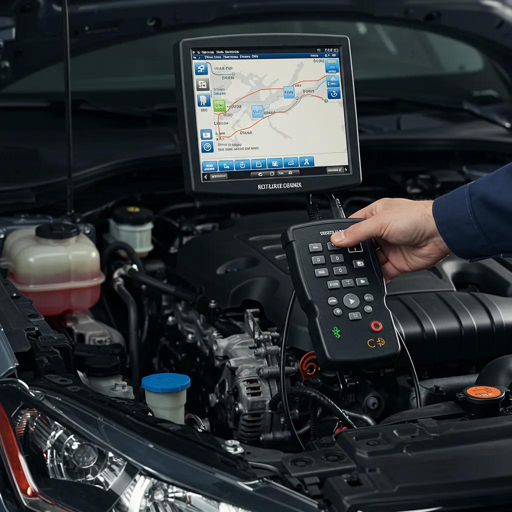 Technician using a diagnostic tool on a vehicle's engine in a professional setting