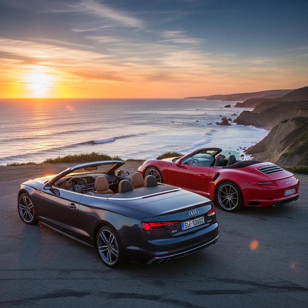 Audi A5 Convertible and Porsche 911 Cabriolet parked in a picturesque coastal setting, showcasing their distinct styles