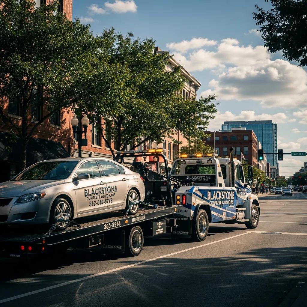 Blackstone towing truck transporting a vehicle in Columbus