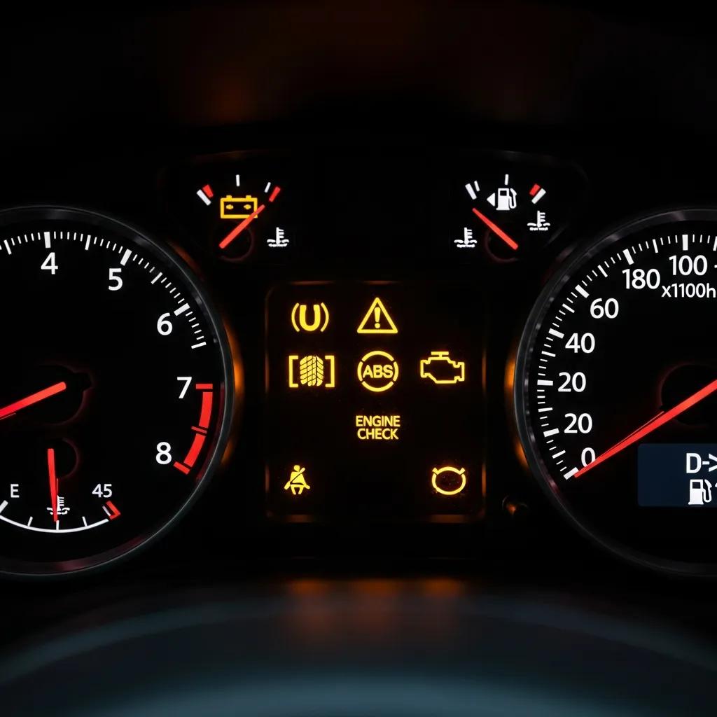 Car dashboard displaying yellow and orange warning lights, indicating cautionary vehicle issues