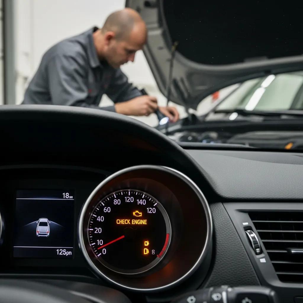 Car dashboard with check engine light illuminated and mechanic inspecting engine