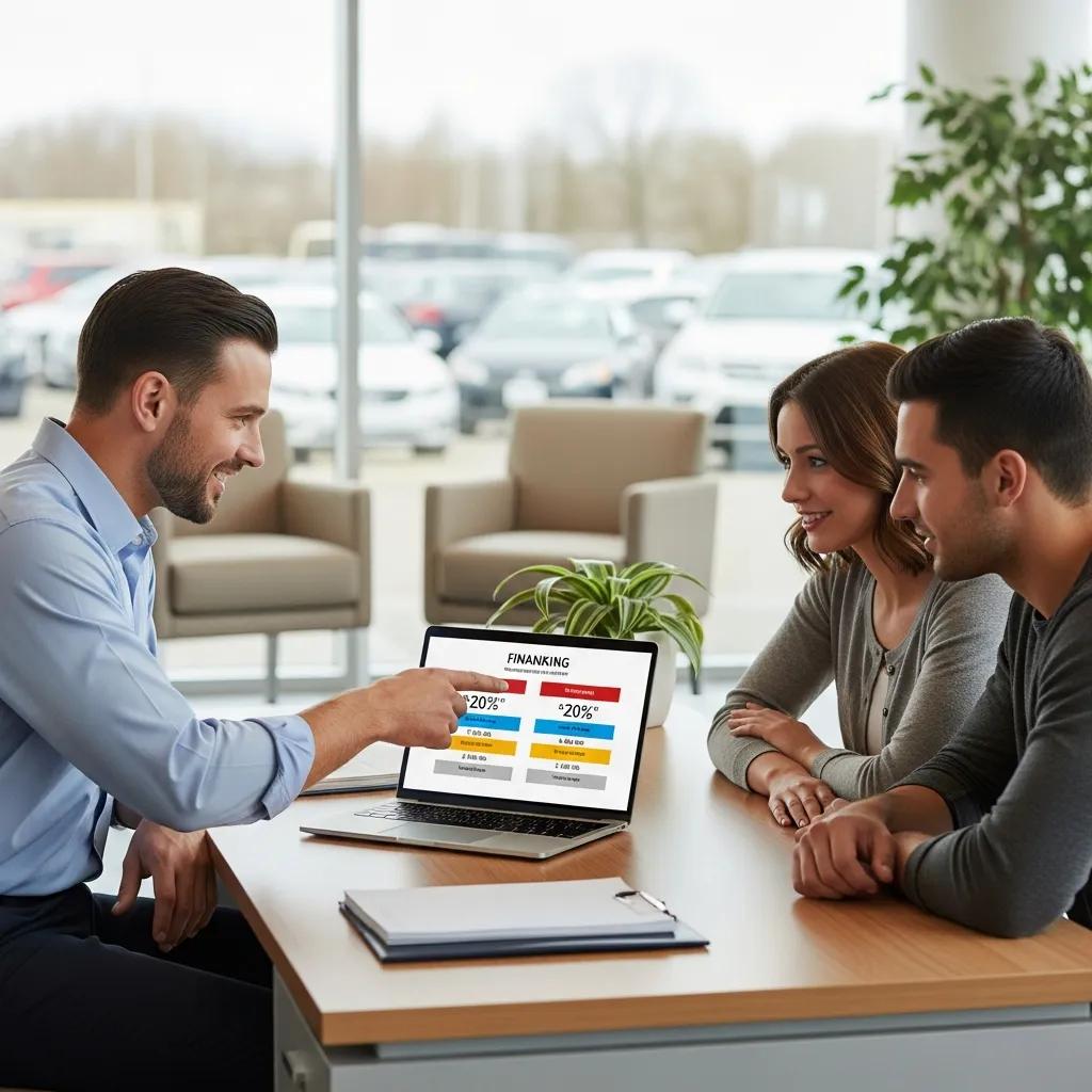 Car dealership representative explaining financing options to potential buyers in a modern office
