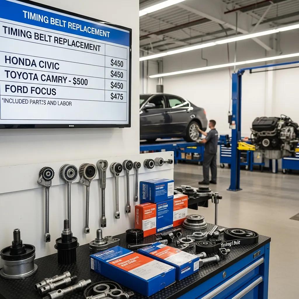 Car repair shop displaying pricing for timing belt replacement services, emphasizing cost transparency