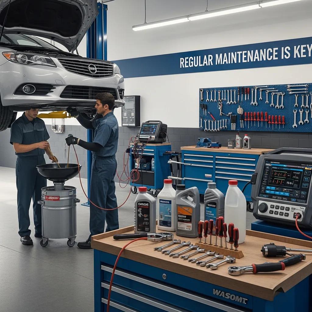 Technicians performing routine maintenance checks on a car