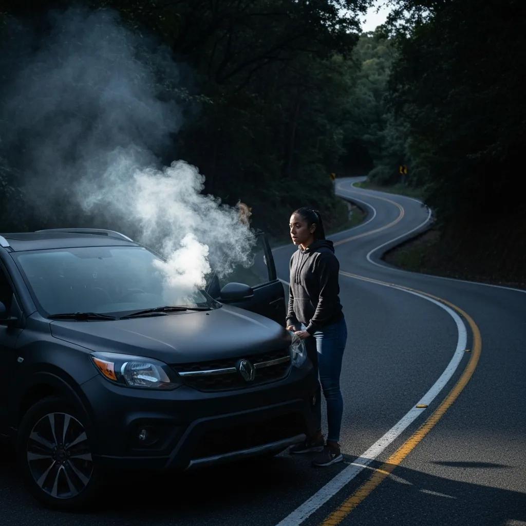 Car with smoke from the hood indicating a need for emergency repair