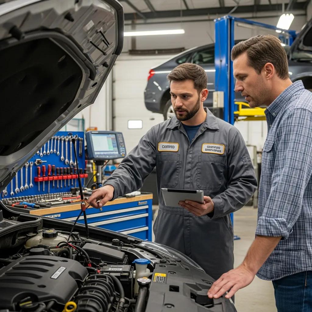 Certified mechanic explaining vehicle repairs to a customer in a garage