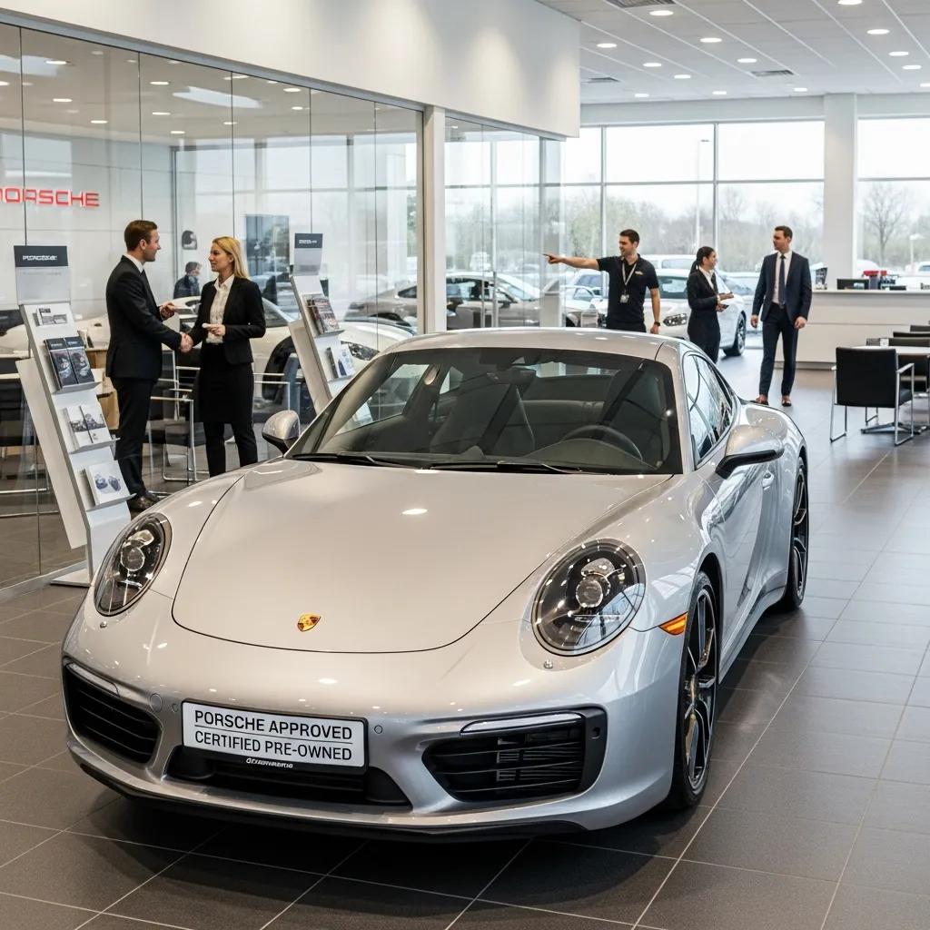 Certified pre-owned Porsche with a visible certification badge in a dealership lot, emphasizing quality assurance