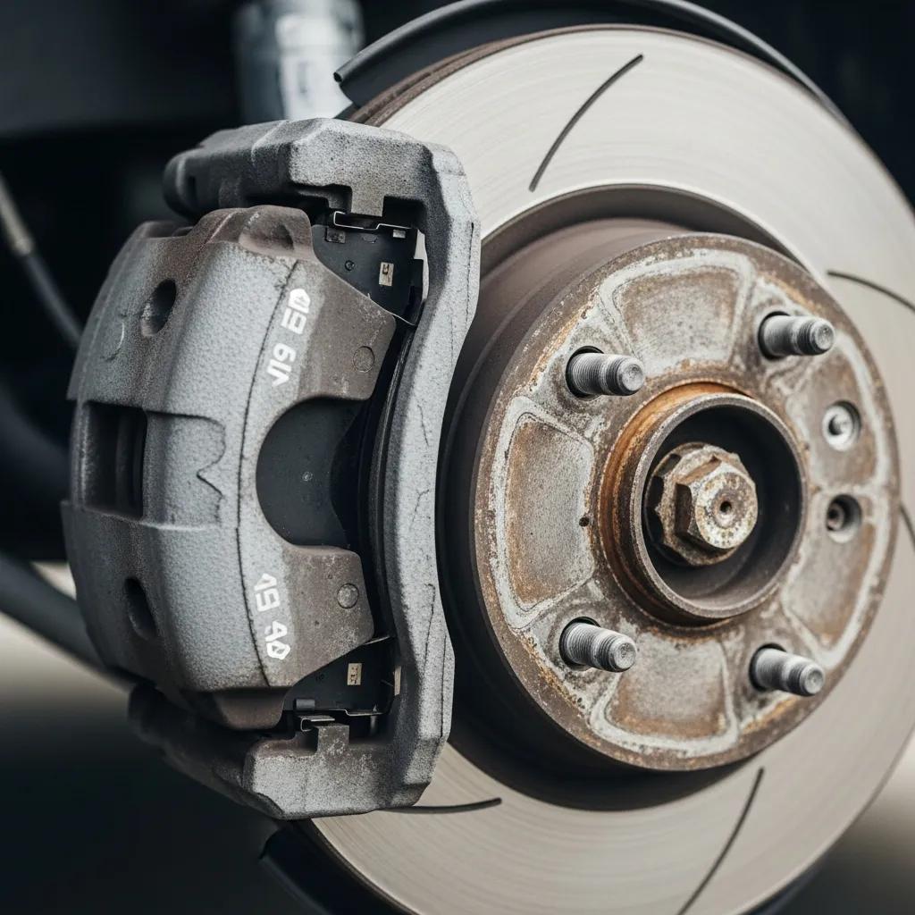 Brake inspection: worn pads and rotors visible during service