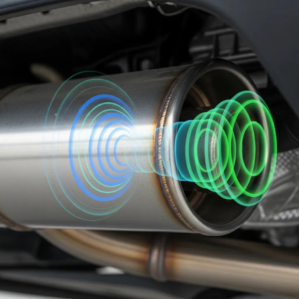 Close-up of a car muffler illustrating sound wave reduction