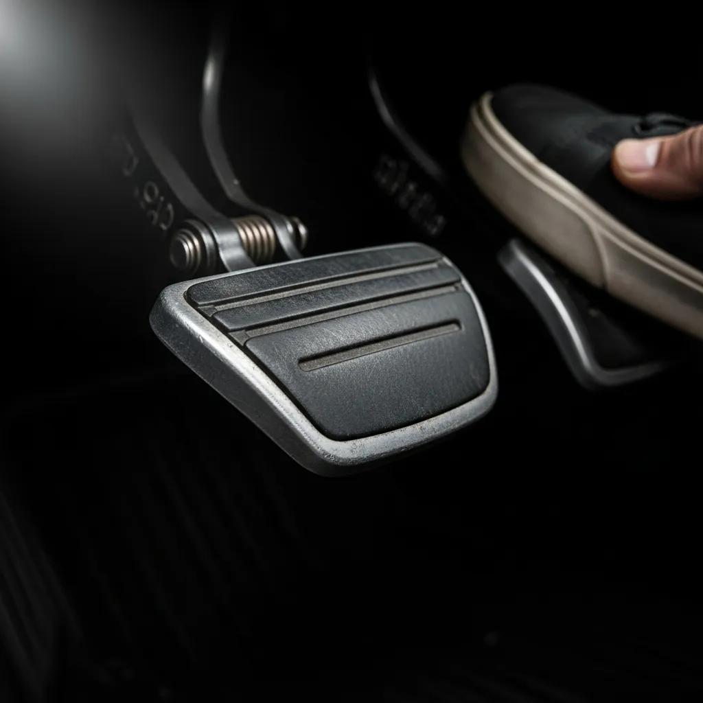 Close-up of a car's clutch pedal showing signs of wear and tear
