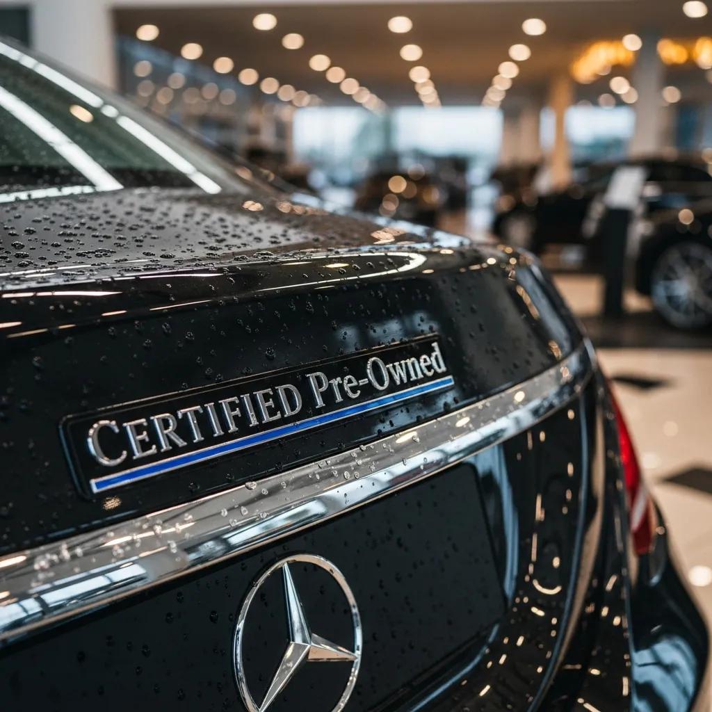Close-up of a certified pre-owned badge on a Mercedes-Benz, highlighting quality assurance